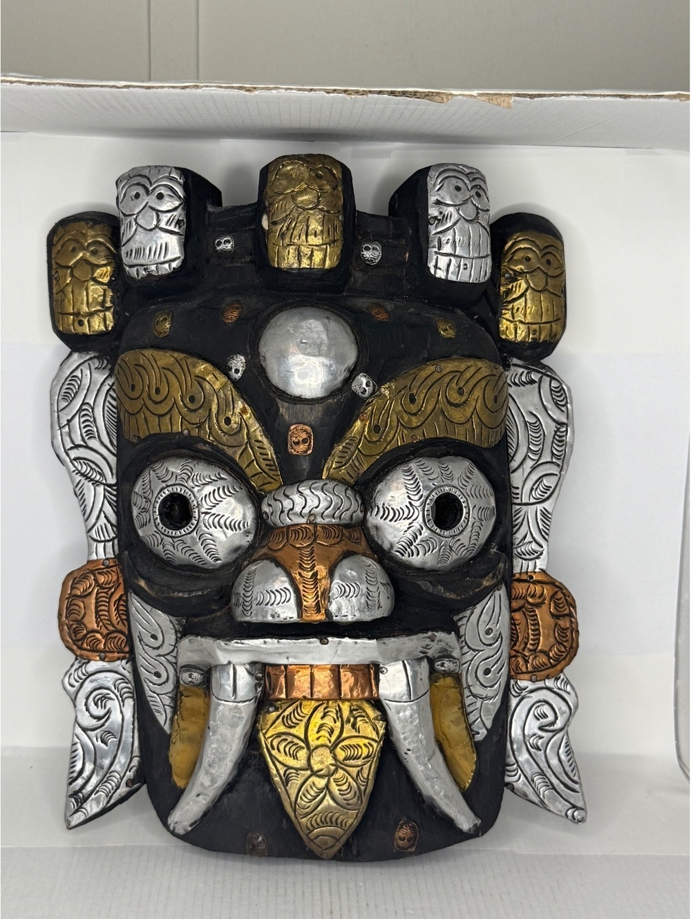 Ceremonial Mask Carved Wood with Brass & Copper